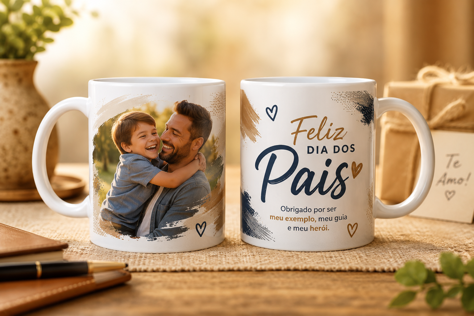 Caneca branca 'Feliz Dia dos Pais' personalizada com foto de pai e filho e arte em aquarela — presente do Dia dos Pais