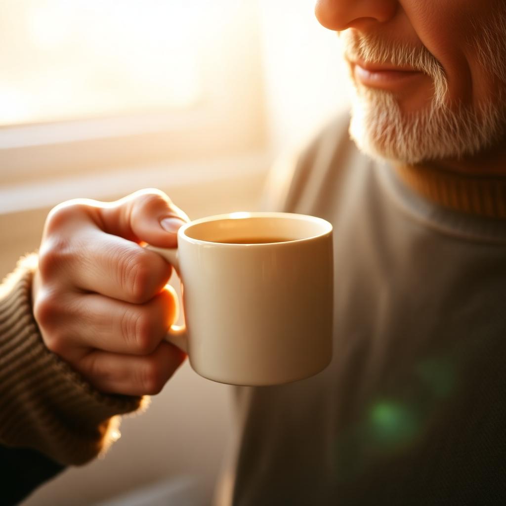 Mãos segurando caneca em luz natural